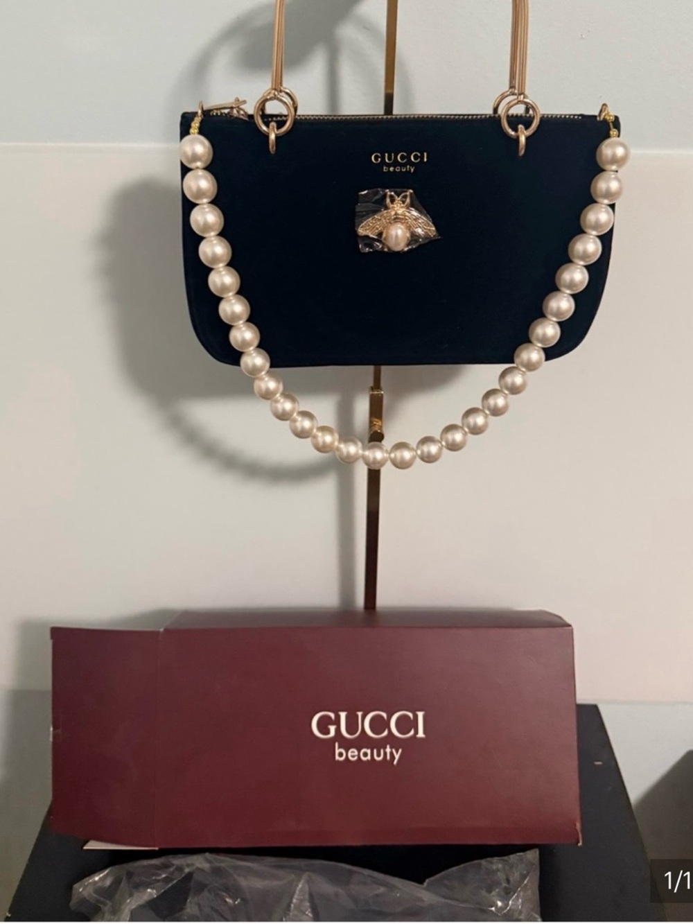 Gucci Beauty Velvet Black Cosmetic Pouch With Gold Handles and a Pearl Drop - Picture 1 of 11